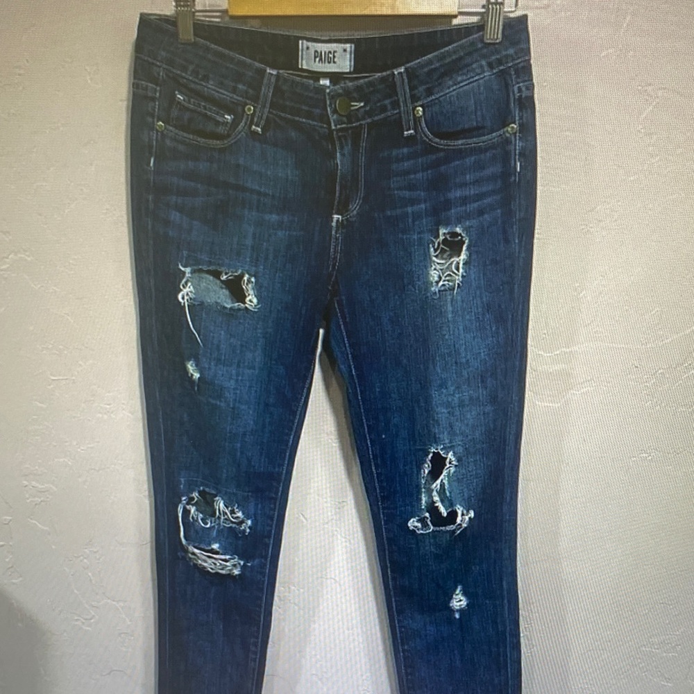PAIGE Dark Blue Ripped Skinny Jeans